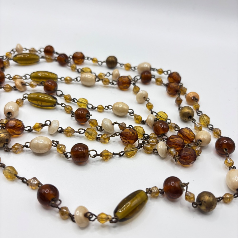 Vtg Boho Earthy Beaded Long Necklace Station 60" Baroque Amber Green Cream Glass - Picture 4 of 8
